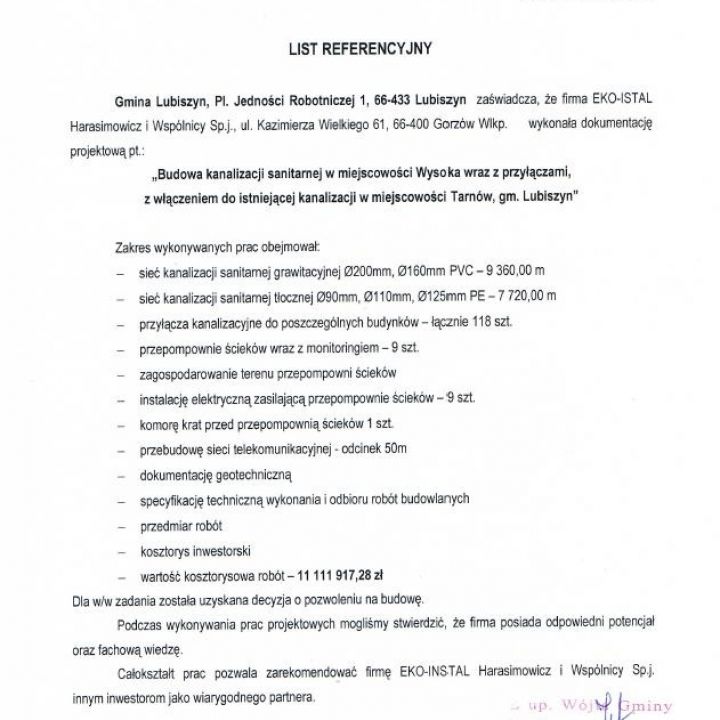 Budowa kanalizacji sanitarnej w miejscowości Wysoka wraz z przyłączami, z włączeniem do istniejącej kanalizacji w miejscowości Tarnów, gm. Lubiszyn