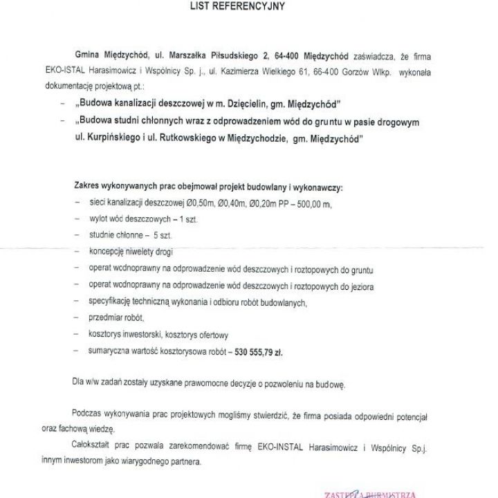 Budowa kanalizacji deszczowej w m. Dzięcielin, gm. Międzychód; Budowa studni chłonnych wraz z odprowadzeniem wód do gruntu w pasie drogowym ul. Kurpińskiego i ul. Rutkowskiego w Międzychodzie, gm. Międzychód