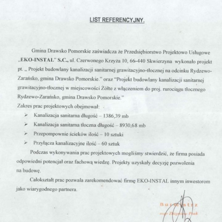 Projekt budowlany kanalizacji sanitarnej grawitacyjno-tłocznej na odcinku Rydzewo- Zarańsko, gmina Drawsko Pomorskie