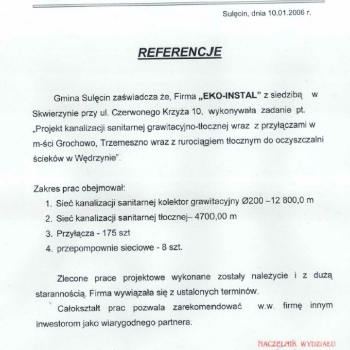 Projekt kanalizacji sanitarnej grawitacyjno-tłocznej wraz z przyłączami w miejscowości Grochowo, Trzemeszno wraz z rurociągiem tłocznym do oczyszczalni ścieków w Wędrzynie