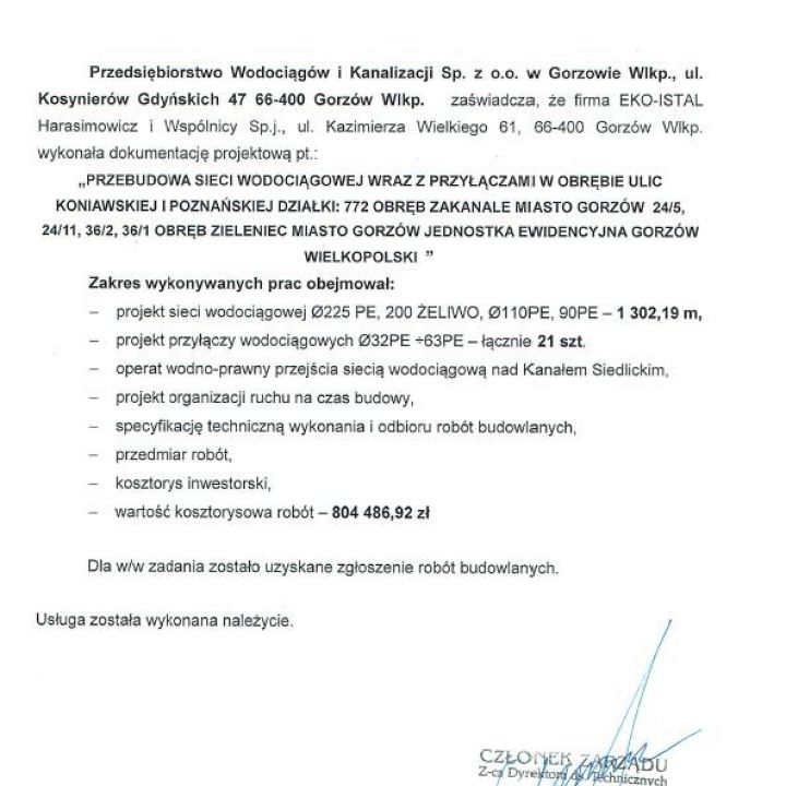 Przebudowa sieci wodociągowej wraz z przyłączami w obrębie ulic Koniawskiej i Poznańskiej w Gorzowie Wielkopolskim
