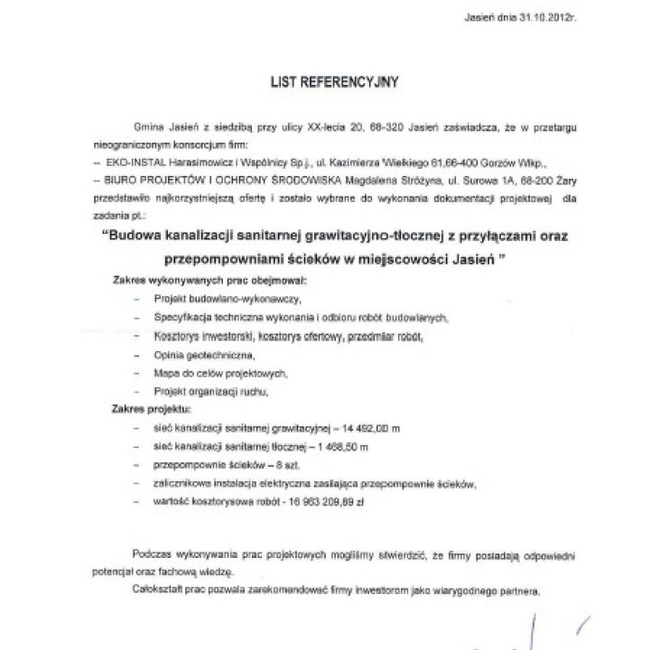 Budowa kanalizacji sanitarnej grawitacyjno-tłocznej z przyłączami oraz przepompowniami ścieków w miejscowości Jasień