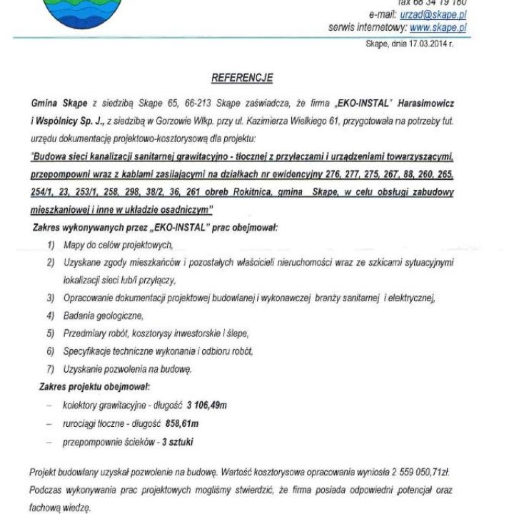 Budowa sieci kanalizacji sanitarnej grawitacyjno - tłocznej z przyłączami i urządzeniami towarzyszącymi, przepompowni wraz z kablami zasilającymi w m-ści Rokitnica gmina Skąpe