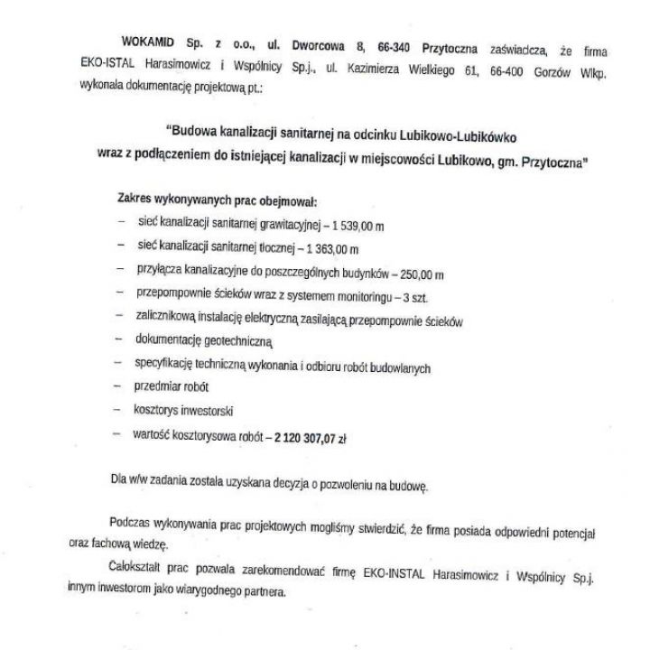 Budowa kanalizacji sanitarnej na odcinku Lubikowo - Lubikówko wraz z podłączeniem do istniejącej kanalizacji w m-ści Lubikowo, gm. Przytoczna