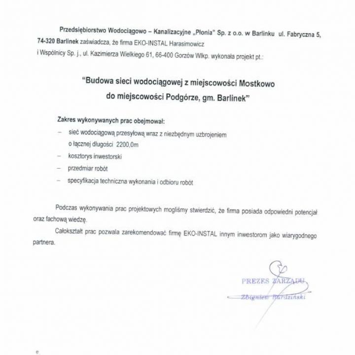 Projekt budowlany sieci wodociągowej z miejscowości Mostkowo do miejscowości Podgórze, gm. Barlinek